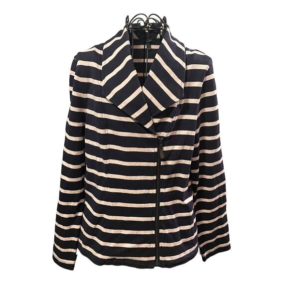 Talbots Navy Blue And Pink Striped Moto Zippered Jacket Womens Size Medium EUC - Picture 2 of 10